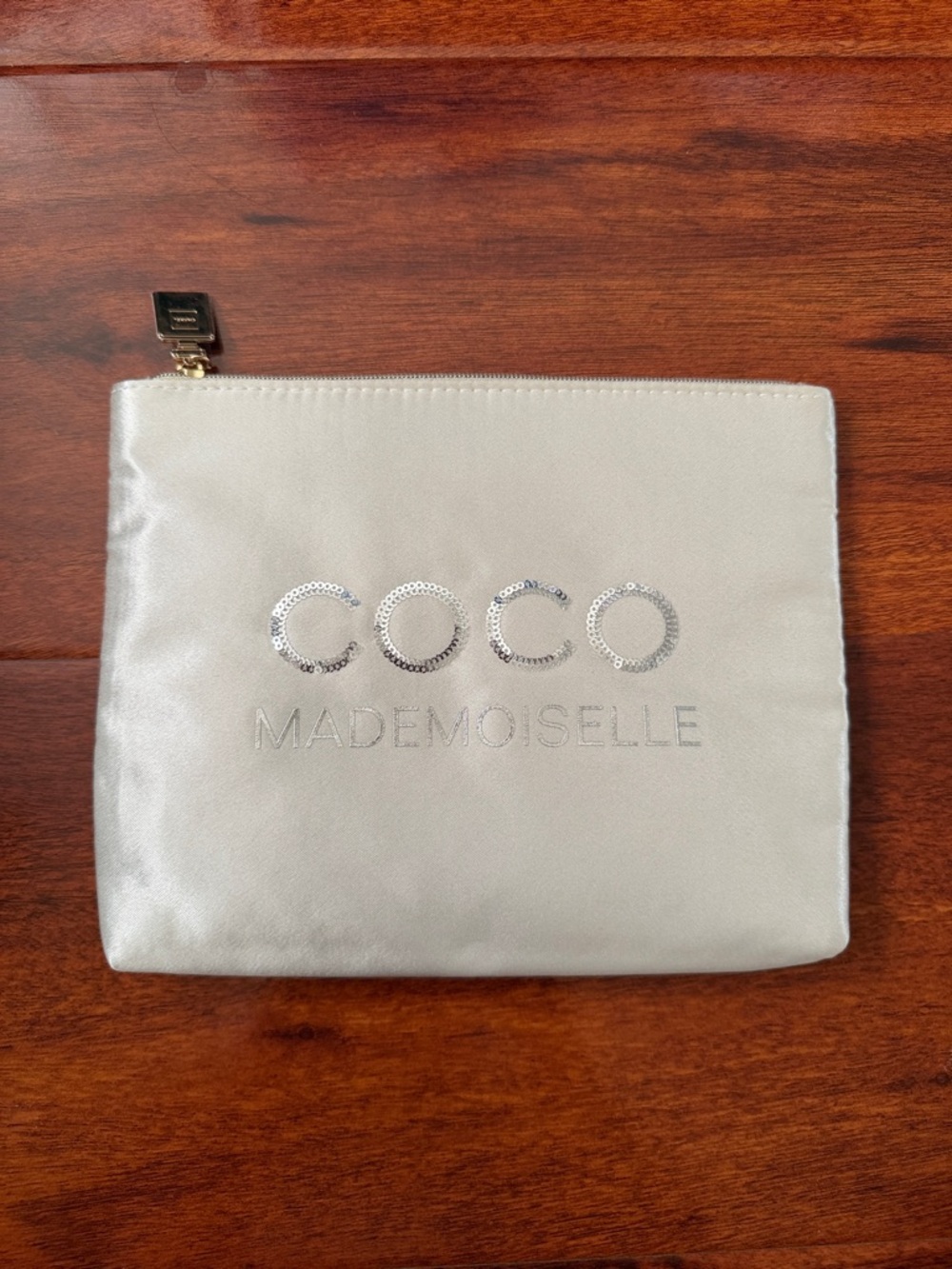 CHANEL Silver COCO MADEMOISELLE Satin Zip Pouch